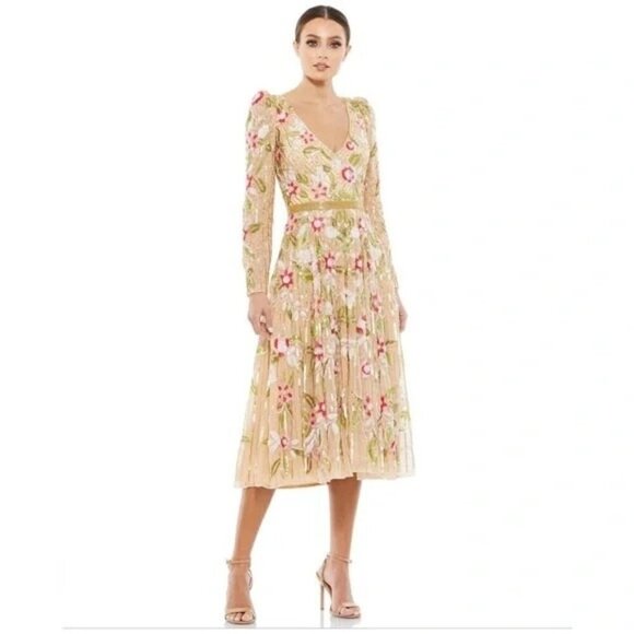 Mac Duggal Dresses & Skirts - Mac Duggal 5415 Floral Tea Length Dress Sequin Beadwork Long Sleeve Size 8 NWT